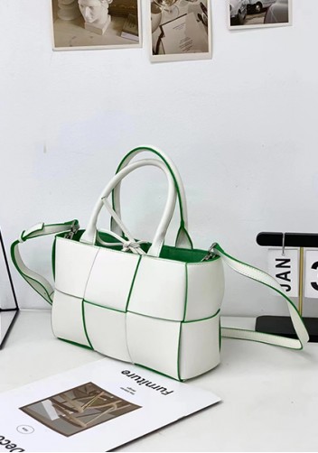 Mia Woven Leather 6 Squares Mini Tote White Green