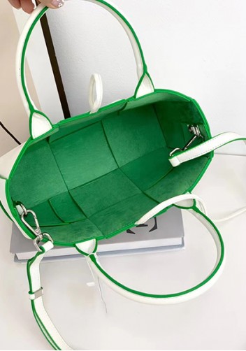 Mia Woven Leather 6 Squares Mini Tote White Green