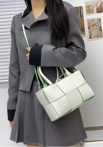 Mia Woven Leather 6 Squares Mini Tote White Green