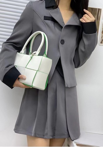 Mia Woven Leather 6 Squares Mini Tote White Green