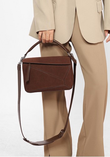 Adrienne Geometry Vegan Suede Leather Shoulder Bag Choco