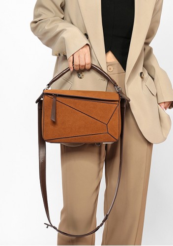 Adrienne Geometry Vegan Suede Leather Shoulder Bag Camel