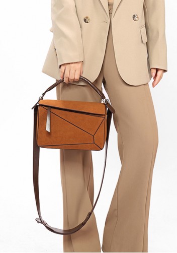 Adrienne Geometry Vegan Suede Leather Shoulder Bag Camel