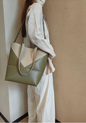 Adrienne Patchwork Leather Medium Tote Beige Green