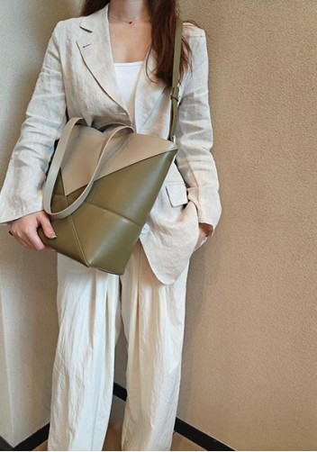 Adrienne Patchwork Leather Medium Tote Beige Green