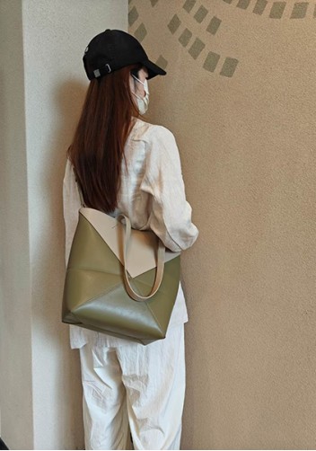 Adrienne Patchwork Leather Medium Tote Beige Green