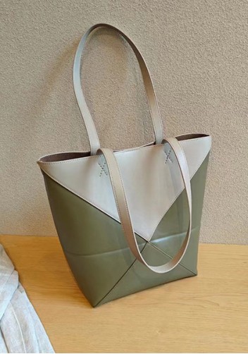Adrienne Patchwork Leather Medium Tote Beige Green