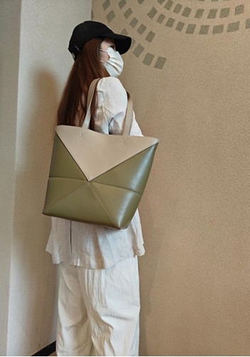 Adrienne Patchwork Leather Medium Tote Beige Green