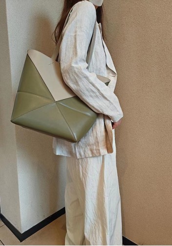 Adrienne Patchwork Leather Medium Tote Beige Green