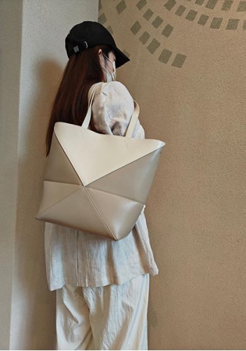 Adrienne Patchwork Leather Medium Tote White Beige