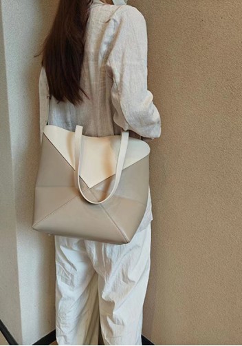 Adrienne Patchwork Leather Medium Tote White Beige