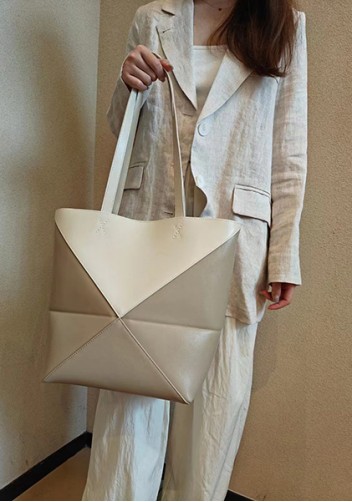 Adrienne Patchwork Leather Medium Tote White Beige