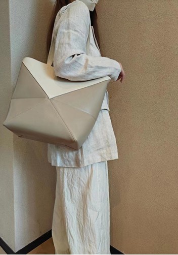 Adrienne Patchwork Leather Medium Tote White Beige