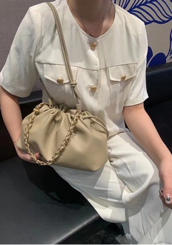 Salsa Leather Medium Drawstring Bag Beige