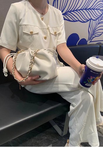 Salsa Leather Medium Drawstring Bag Cream