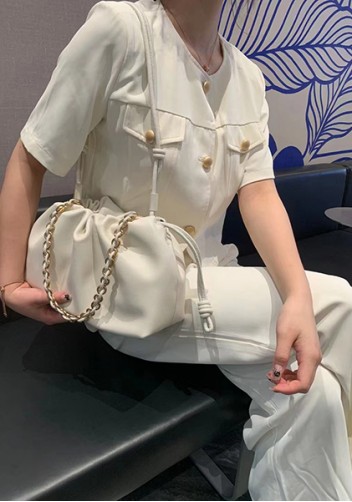 Salsa Leather Medium Drawstring Bag Cream
