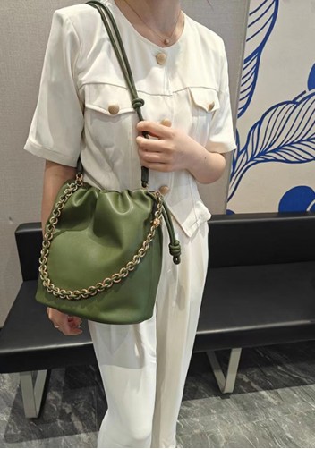 Salsa Leather Medium Drawstring Bucket Bag Green