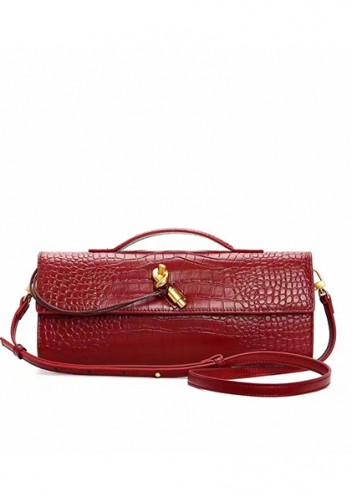Allegria Long Clutch With Handle Croc Leather Bag Burgundy