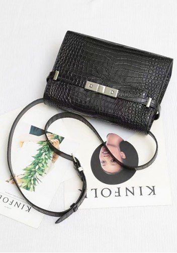 Ivana Crocodile Leather Shoulder Bag Black silver Hardware