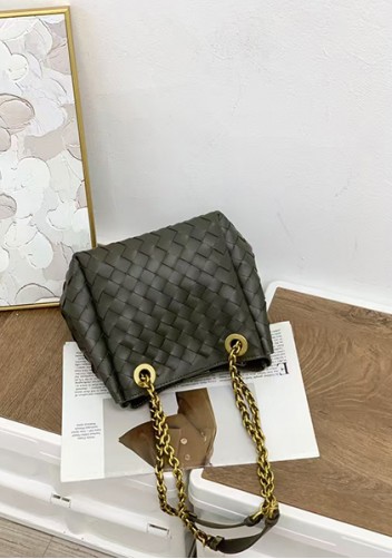 Mia Chute Woven Leather Small Shoulder Bag Army Green