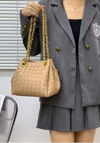 Mia Chute Woven Leather Small Shoulder Bag Beige
