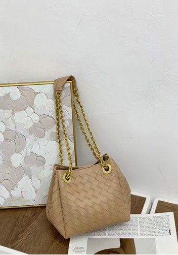 Mia Chute Woven Leather Small Shoulder Bag Beige