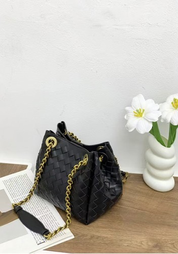 Mia Chute Woven Leather Small Shoulder Bag Black
