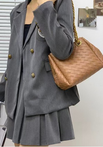 Mia Chute Woven Leather Small Shoulder Bag Camel