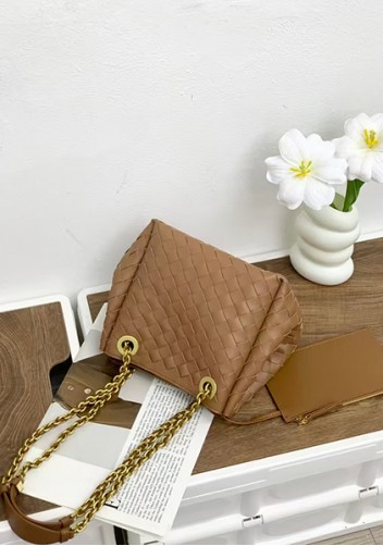 Mia Chute Woven Leather Small Shoulder Bag Camel