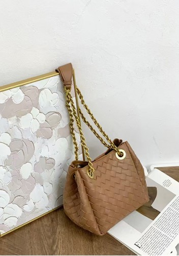 Mia Chute Woven Leather Small Shoulder Bag Camel