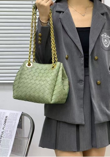 Mia Chute Woven Leather Small Shoulder Bag Cave Green