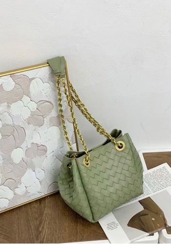 Mia Chute Woven Leather Small Shoulder Bag Cave Green