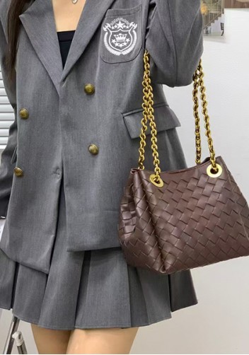 Mia Chute Woven Leather Small Shoulder Bag Coffee