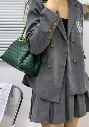 Mia Chute Woven Leather Small Shoulder Bag Dark Green