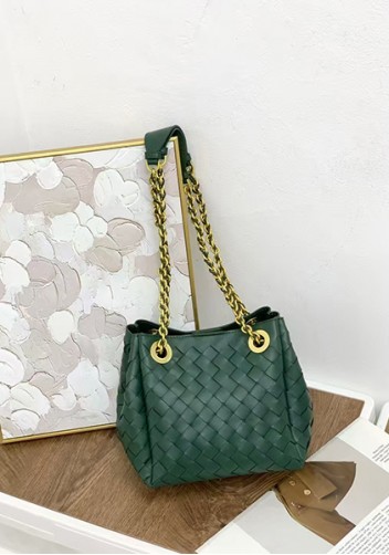 Mia Chute Woven Leather Small Shoulder Bag Dark Green