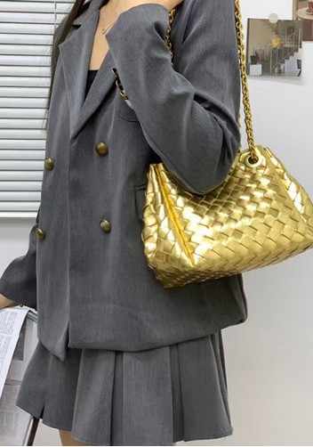 Mia Chute Woven Leather Small Shoulder Bag Gold