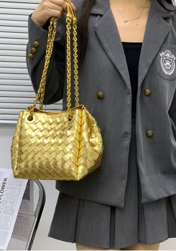 Mia Chute Woven Leather Small Shoulder Bag Gold