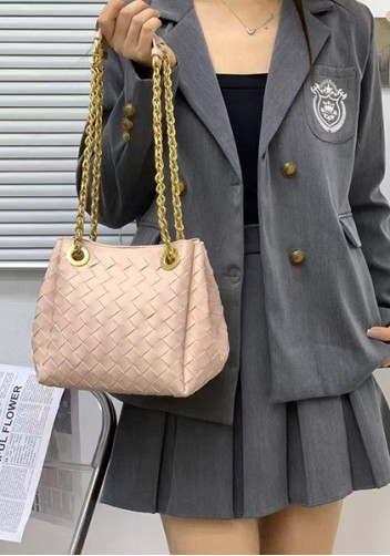 Mia Chute Woven Leather Small Shoulder Bag Pink