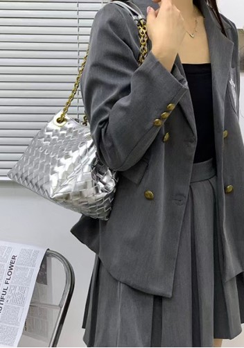 Mia Chute Woven Leather Small Shoulder Bag Silver