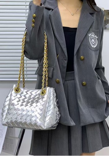 Mia Chute Woven Leather Small Shoulder Bag Silver