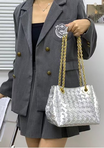 Mia Chute Woven Leather Small Shoulder Bag Silver