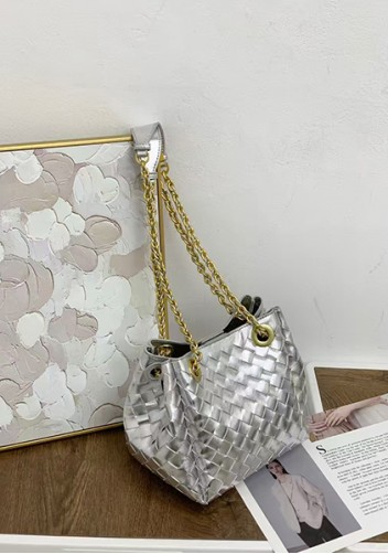 Mia Chute Woven Leather Small Shoulder Bag Silver