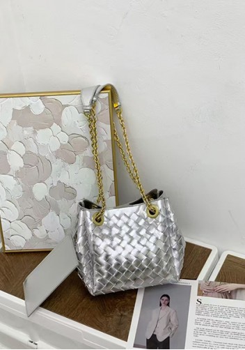 Mia Chute Woven Leather Small Shoulder Bag Silver