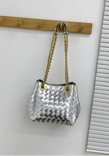 Mia Chute Woven Leather Small Shoulder Bag Silver