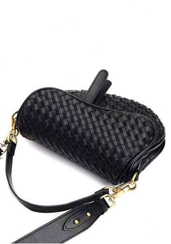 Mia Saddle Woven Leather Shoulder Bag Black