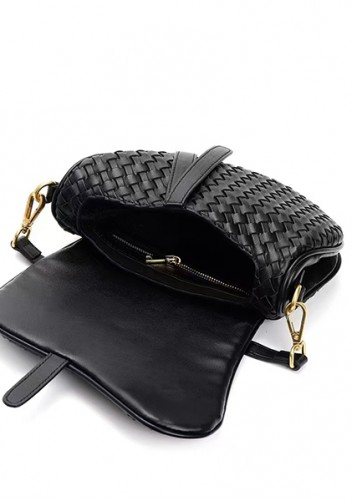Mia Saddle Woven Leather Shoulder Bag Black