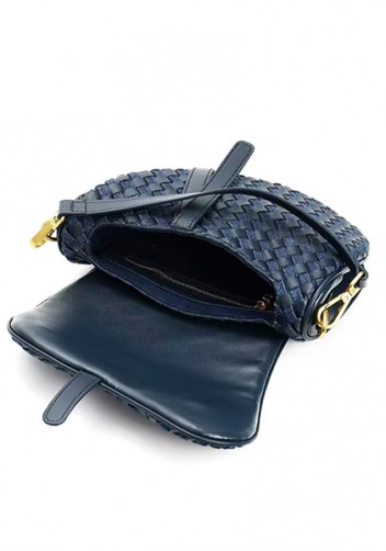 Mia Saddle Woven Leather Shoulder Bag Blue