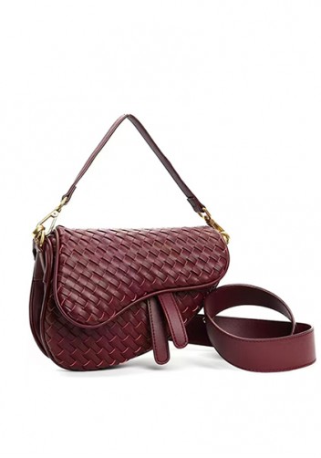 Mia Saddle Woven Leather Shoulder Bag Burgundy