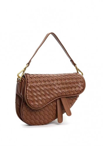 Mia Saddle Woven Leather Shoulder Bag Camel