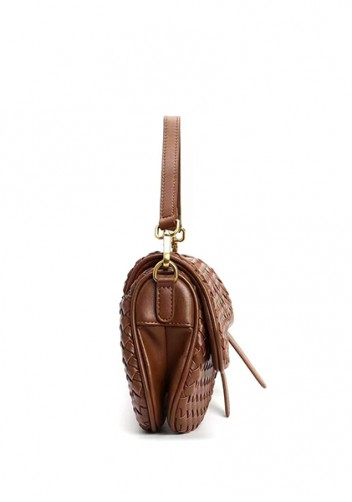Mia Saddle Woven Leather Shoulder Bag Camel